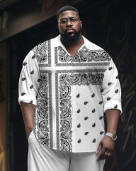 Men's Plus Size Street Fashion White Vintage Cashew Pattern Long Sleeve Shirt Trousers Suit