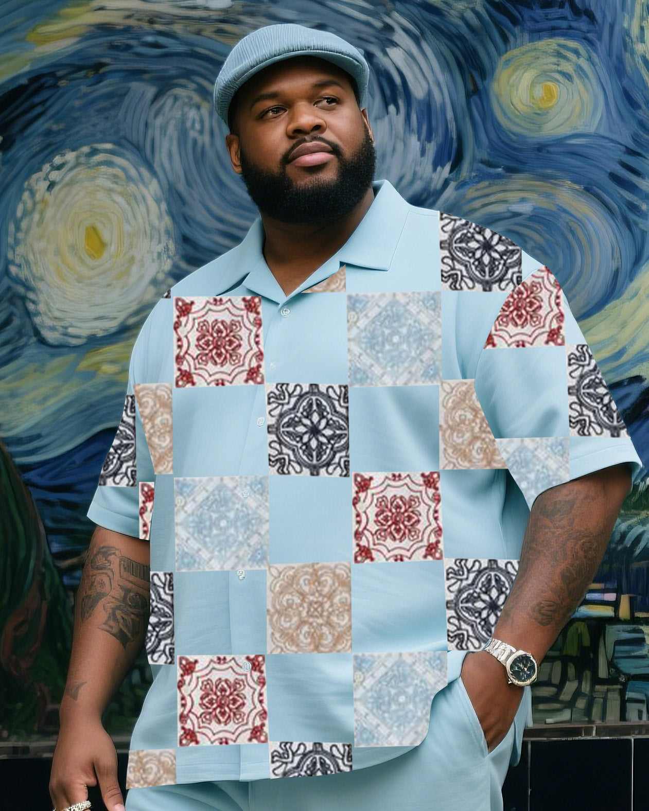 Big Boy Summer Light Blue Creative Printing Short-sleeved Shirt Trousers Suit