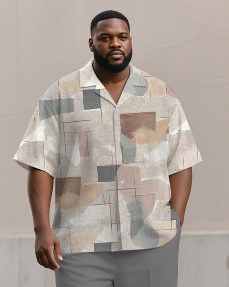 Men's Plus Size Simple Gray Color Block Printed Short Sleeve Shirt Trousers Suit