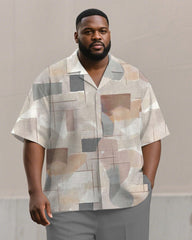 Men's Plus Size Simple Gray Color Block Printed Short Sleeve Shirt Trousers Suit