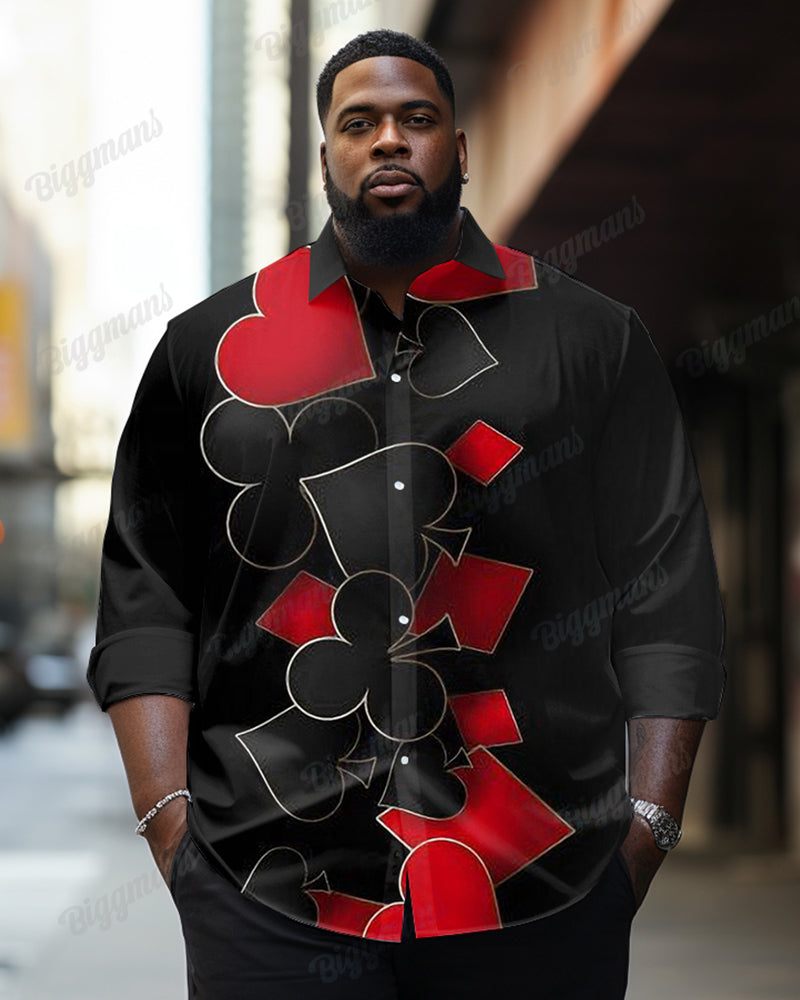 Men's Daily Casual Black Red Poker Geometric Print Plus Size Leverage Long Sleeve Shirt