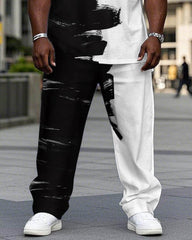 Big Guy’s White & Black Brush Chest Letter Print Short Sleeve T-Shirt Trousers Set