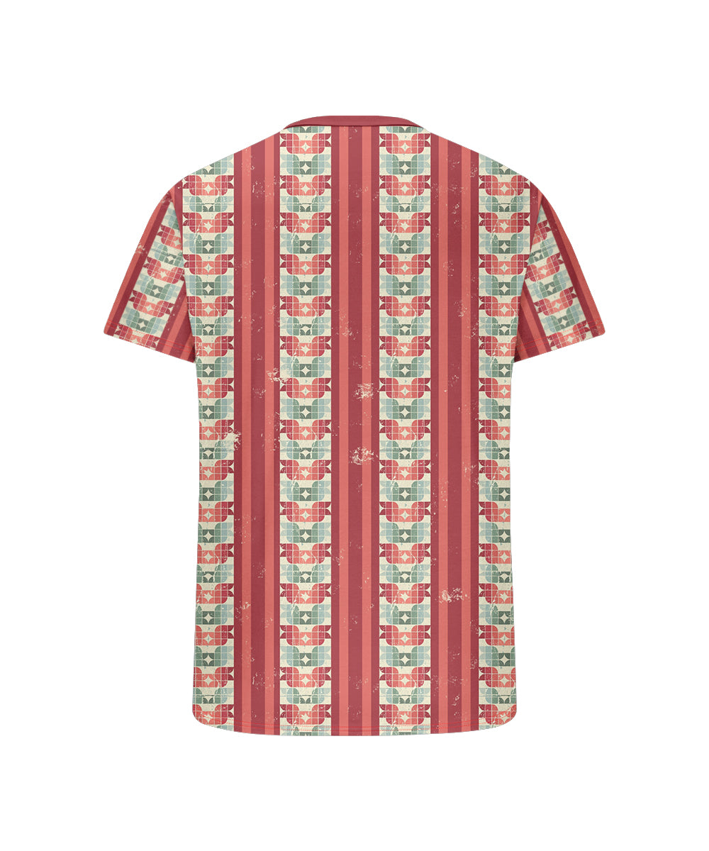 Men's Plus Size Pink Geometric Stripe Printed Henley Collar Button Short Sleeve Tee