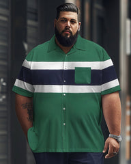 Men's Plus Size Simple Striped Color Matching Printed Pocket Short Sleeve Shirt Suit