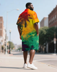 Men's Plus Size Juneteenth Colorblock Hawaiian Coconut Tree Print Shirt Shorts Suit