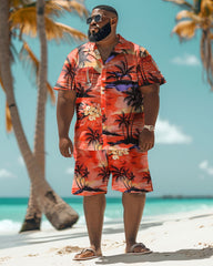 Big Guy's Hawaiian Sunset Coconut Tree Gradient Print Shirt Shorts Set