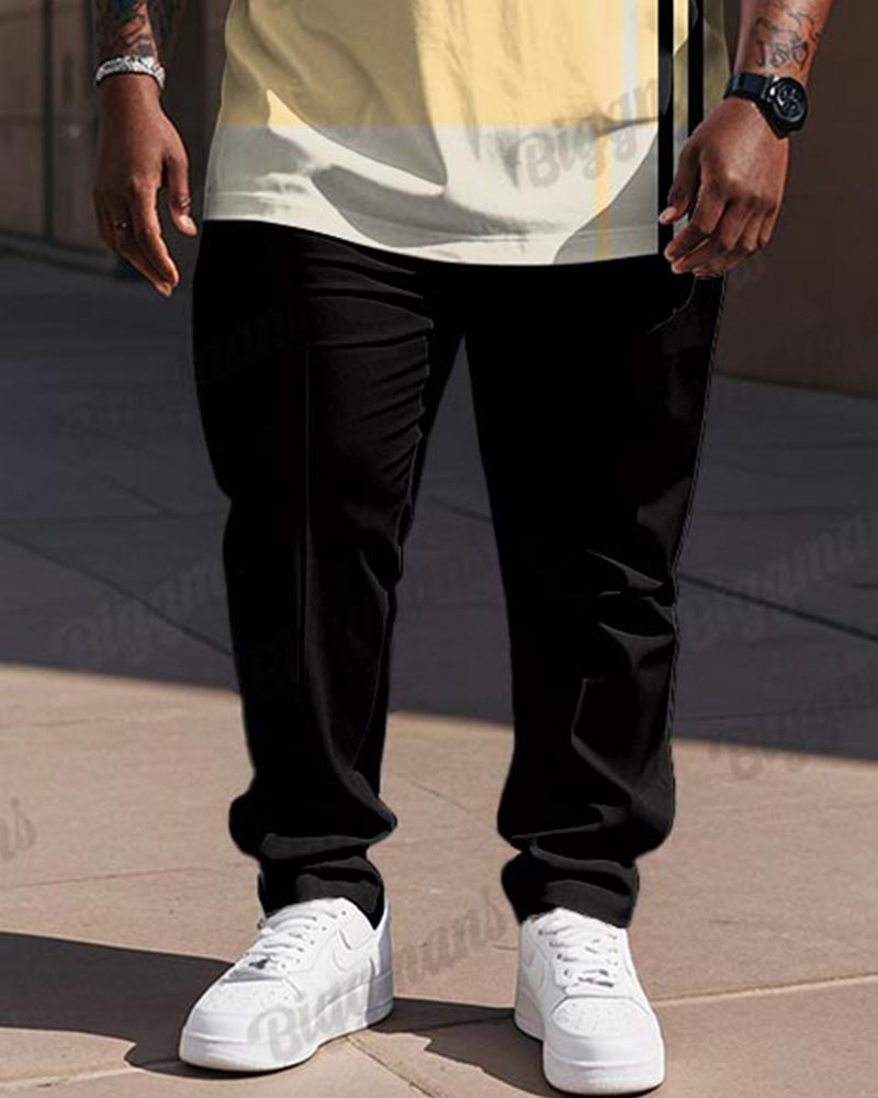 Big Men's Black And Yellow Stripe Geometric Colorblock Print T-shirt Trousers Set