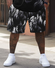 Men's Plus Size Street Casual Black And White Art Lion Print T-Shirt Shorts Set