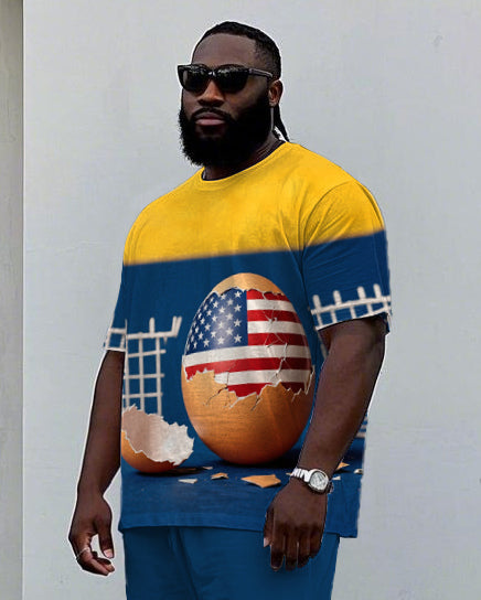 Big Men's Satire Egg USA Splicing Style Casual Short Sleeve T-Shirt Shorts Set