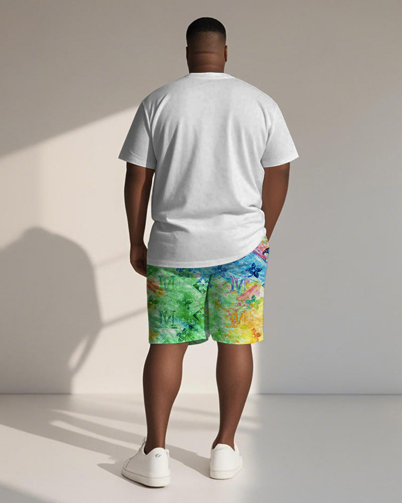 Big & Tall Men's Gradient Geometric Curved Duckling Print Crewneck Short-sleeved T-shirt Shorts Suit
