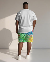 Big & Tall Men's Gradient Geometric Curved Duckling Print Crewneck Short-sleeved T-shirt Shorts Suit