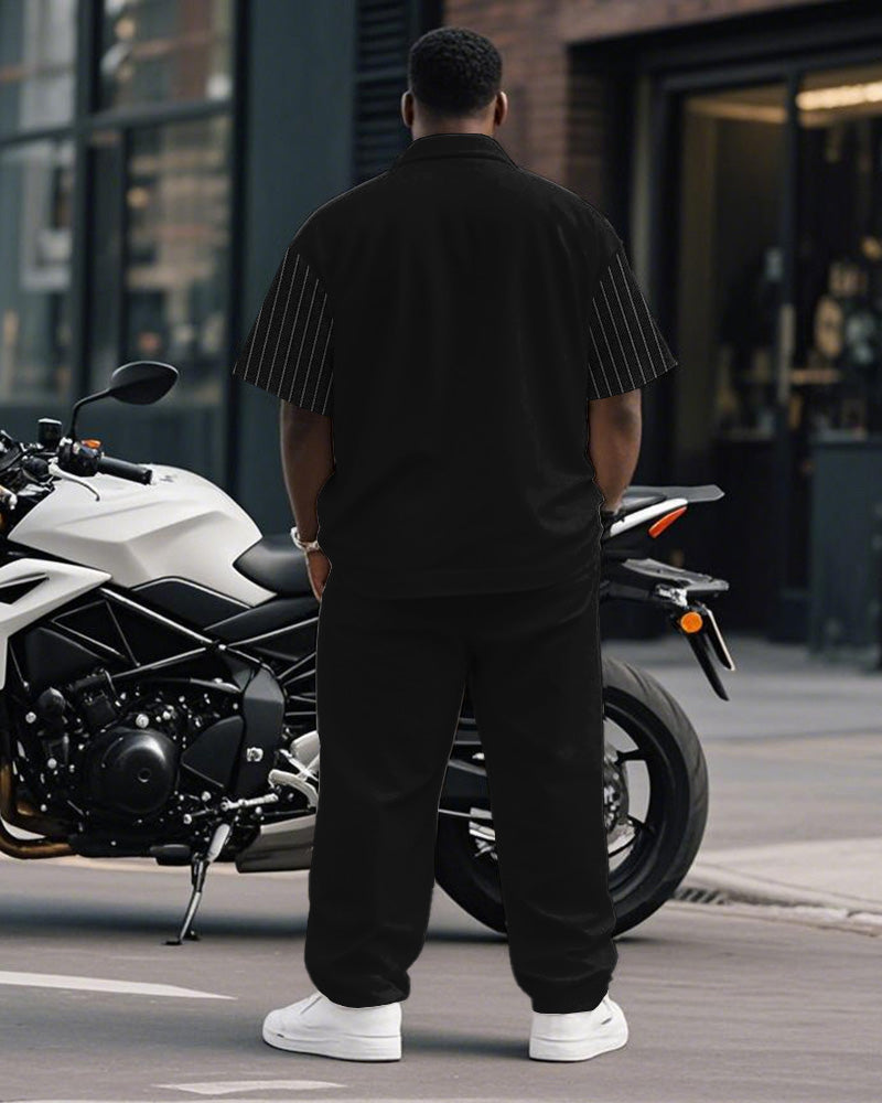 Men's Plus Size Simple Black Stripe Patchwork Printing Pocket Short Sleeve Shirt Trousers Suit