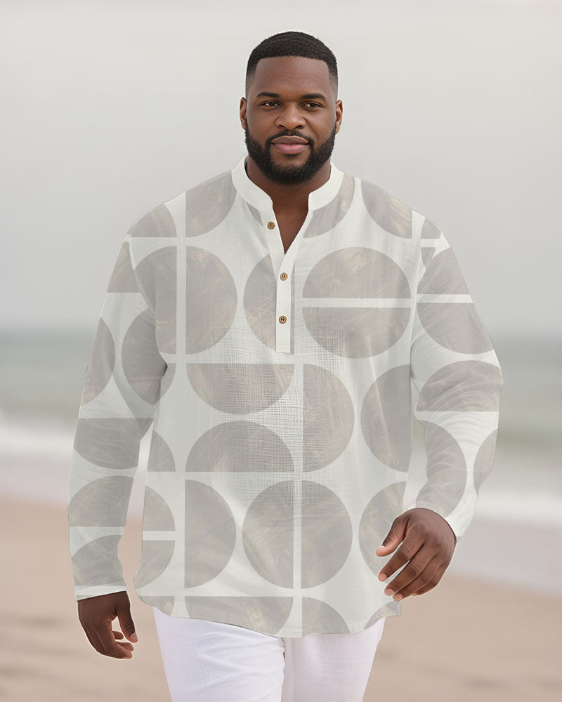 Big & Tall Men's White Gray Colorblock Geometric Print Bamboo Hemp Texture Henry Collar Long Sleeve Shirt