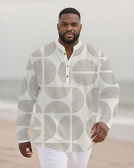 Big & Tall Men's White Gray Colorblock Geometric Print Bamboo Hemp Texture Henry Collar Long Sleeve Shirt
