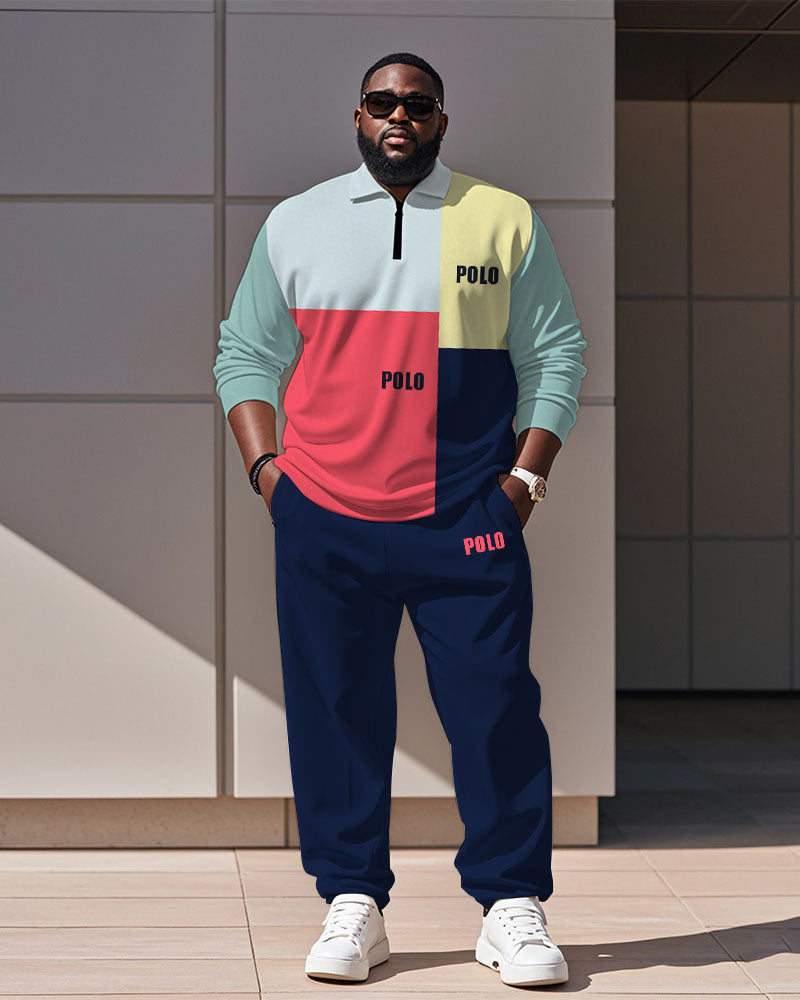 Men's Simple Colorful Colorblock Alphabet Print Polo Shirt Zipper Pants Suit