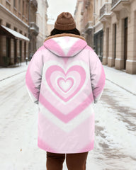 Women's Pink White Gradient Loving Heart Printed Velvet Thickened Long Hooded Coat