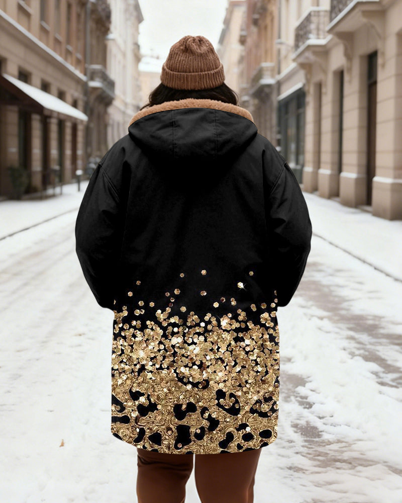 Women's Black Gold Sequin Leopard Print Patchwork Velvet Thickened Long Hooded Coat