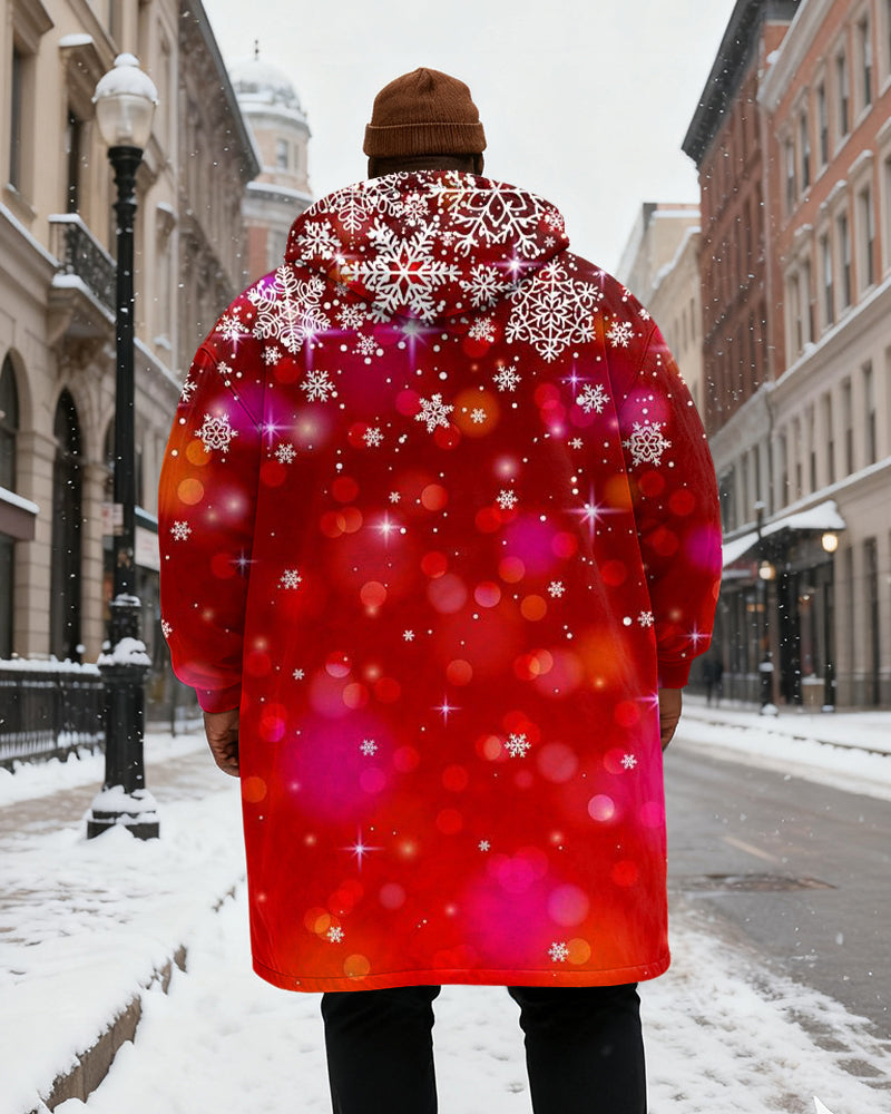 Big & Tall Men's Pink Star Mans Christmas Printed Velvet Thickened Long Hooded Coat