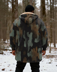 Big & Tall Men's Hunting Style Vintage Camouflage Print Velvet Thickened Long Hooded Coat