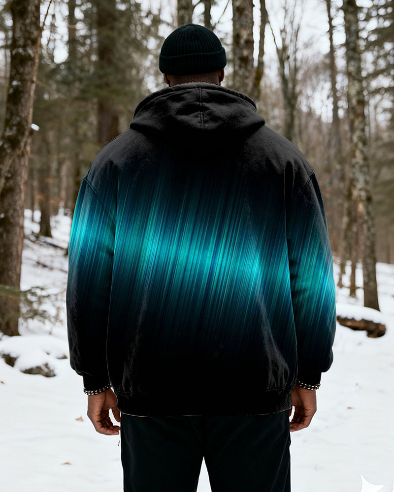 Big & Tall Men's Black Blue Green Gradient Striped Print Velvet Thickened Zipper Hoodie