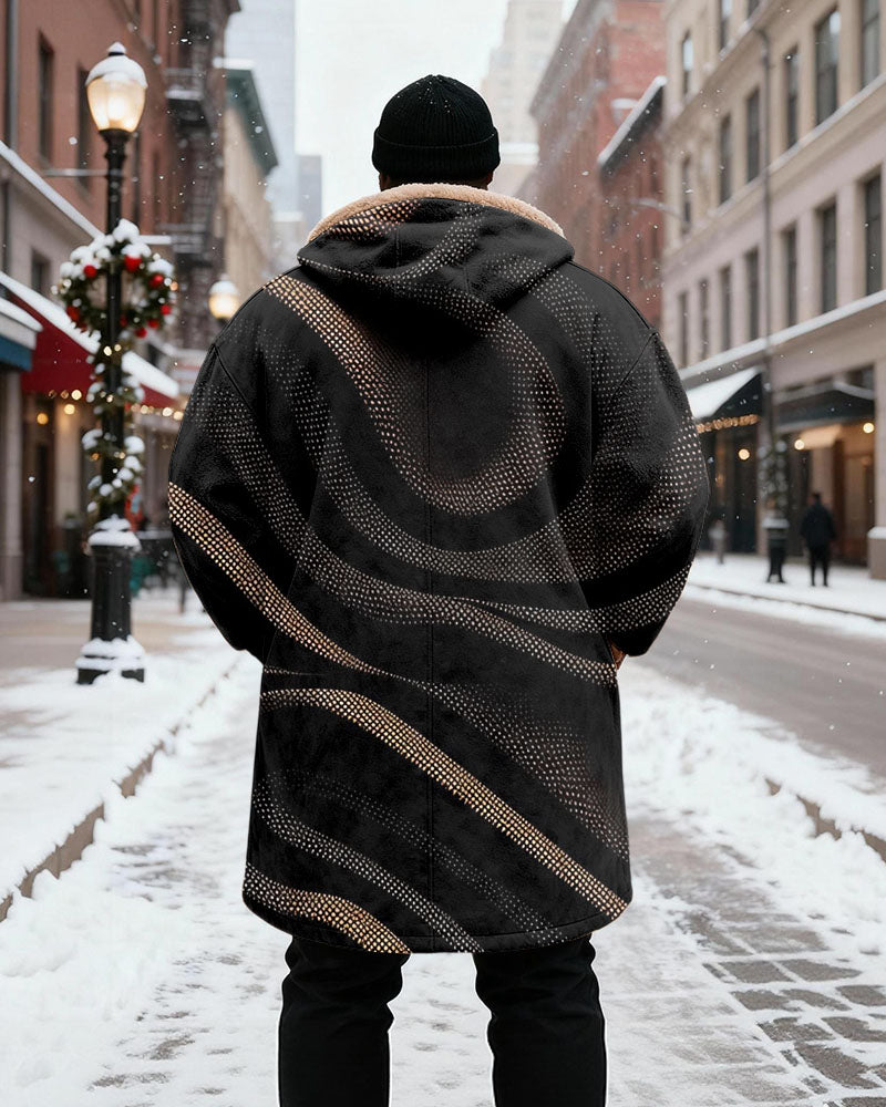 Big & Tall Men's Black Gold Dot Twill Printed Velvet Thickened Long Hooded Coat