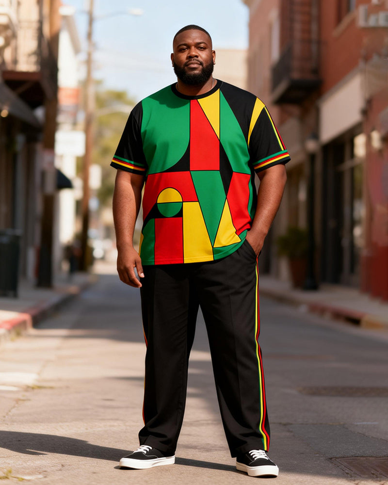 Big & Tall Men's Pan-African Geometric Color Block Patchwork Printed T-Shirt Pants Set