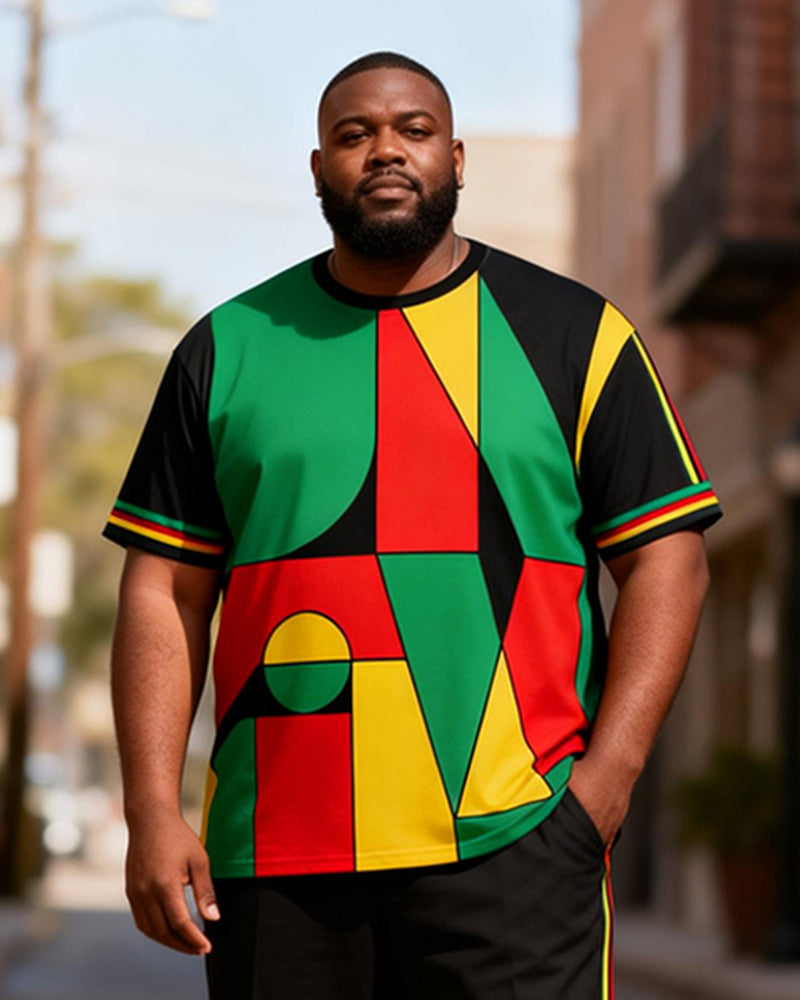 Big & Tall Men's Pan-African Geometric Color Block Patchwork Printed T-Shirt Pants Set