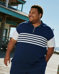 Big & Tall Men's Business Dark Blue Striped Print Short Sleeve Zip Polo Shirt Shorts Suit