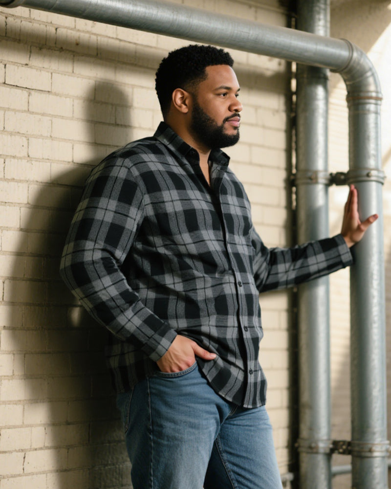 Big & Tall Men's Black-autumn/winter Commuter Plaid Flannel Fabric Long Sleeve Shirt