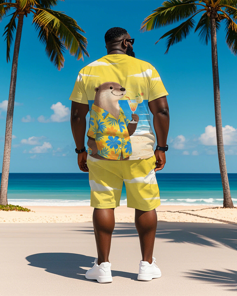 Men's Plus Size Hawaiian Yellow Otter Drinking Cocktail Print Short Sleeve T-Shirt Shorts Suit