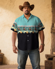 Men's Plus Size Black & Green Western Denim Floral Print Short Sleeve Shirt