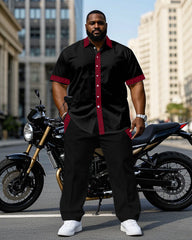 Men's Plus Size Black Characteristic Placket Cuff Pants Pocket Stitching Red Riding Short Sleeve Shirt Trousers Suit