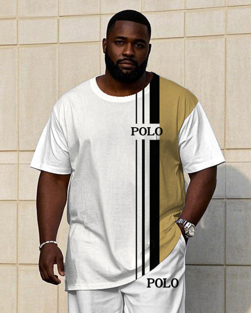 Men's Big & Tall White & Khaki Color-block Small Label Printed Short-sleeved T-shirt Trousers Set