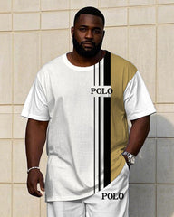 Men's Big & Tall White & Khaki Color-block Small Label Printed Short-sleeved T-shirt Trousers Set
