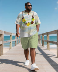 Men's Plus Size Hawaiian Fruit Necklace Printed Henry Collar Short Sleeve T-Shirt Shorts Suit