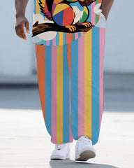 Men's Fashion Cartoon Squirrel and Stripe Printed Big and Tall Short Sleeve T-shirt Pants Set