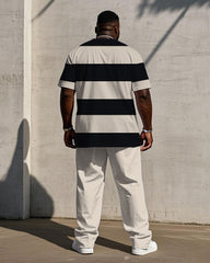 Big & Tall Men's Summer Apricot Thick Striped Short Sleeve T-Shirt Trousers Suit