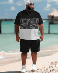 Hawaiian Simple Leaf Color Block Print Big Men's Two-piece Shorts Set