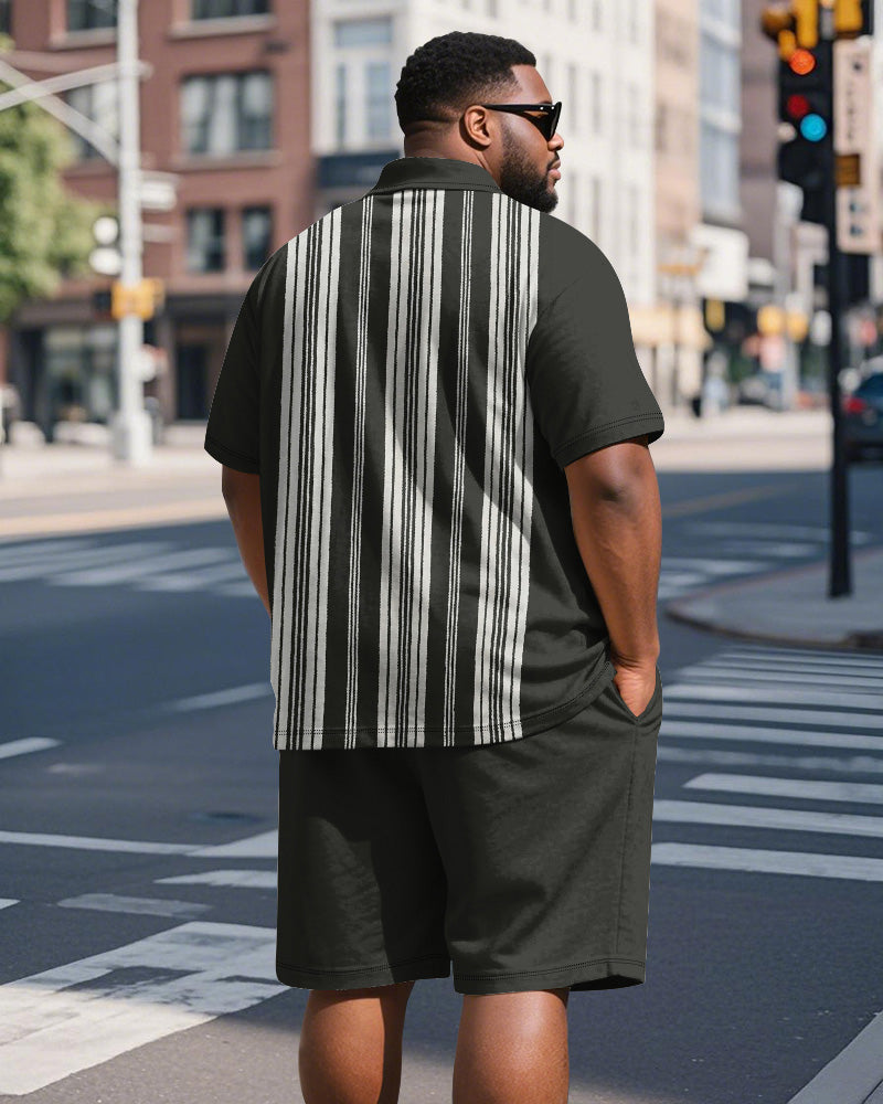 Men's Plus Size Business Black Stripe Print Short Sleeve Polo Shirt Shorts Suit