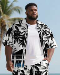 Big Men's Classic Hawaiian Coconut Trees Painting Style 2-Piece Short Sleeve Shirt Shorts Suit