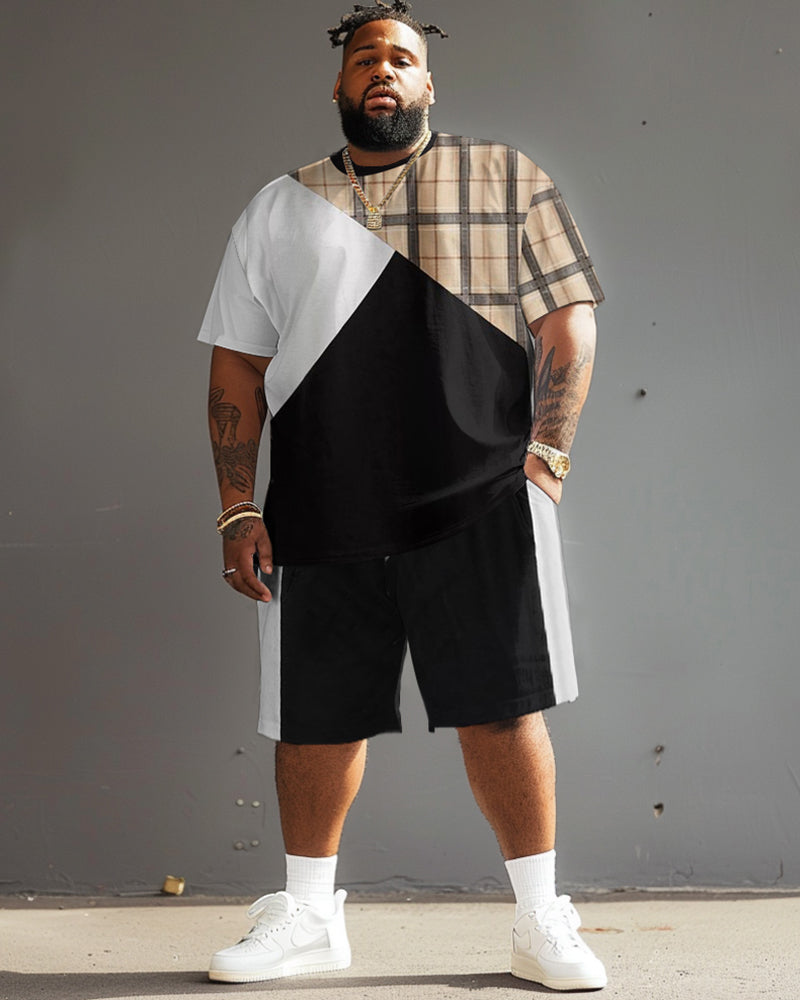 Street Casual Black And White Classic Plaid Print Big & Tall Men's Set