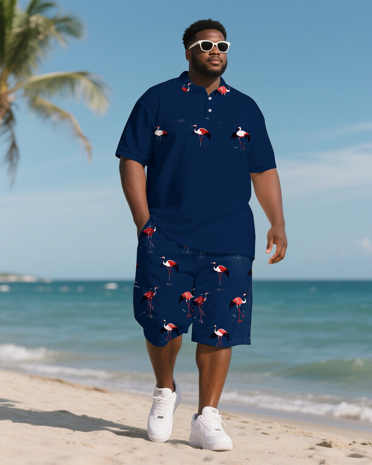 Big Men's Hawaiian Theme Funny Crane Style Short Sleeve Polo Shirt 2-piece Short Set