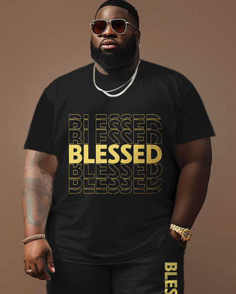 Men's Plus Size Gold Letters Blessed Print Short Sleeve T-Shirt Shorts Suit