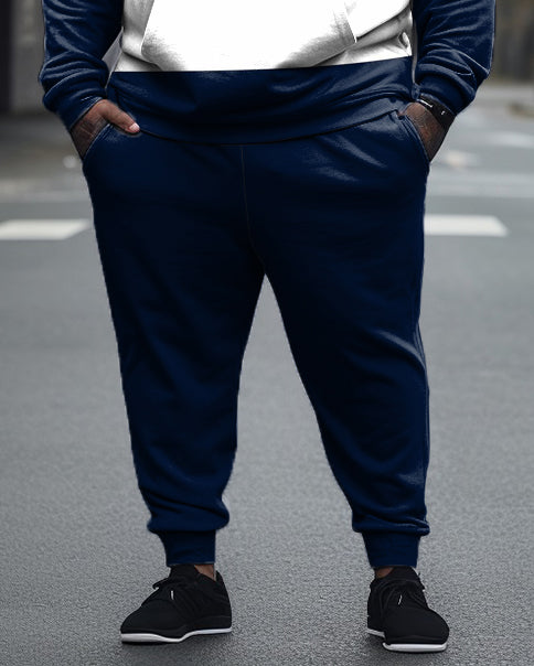 Men's Large Size Blue Color Block Casual Hoodie and Sweatpants Two Piece Set