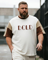 Big & Tall Men's White Khaki BOLD Alphabet Print Round Neck Short Sleeve T-Shirt Shorts Suit