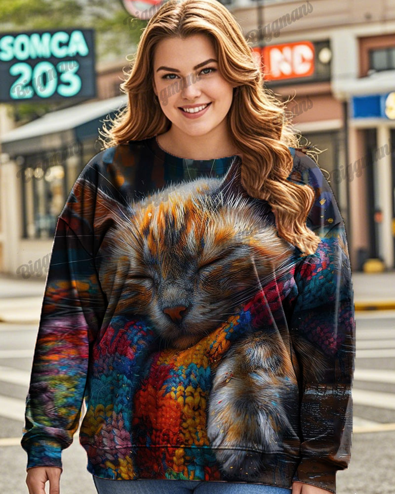 Oil Painting Scarf Cat Print Plus Size Ladies Top