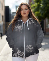 Women's Plus Fashion Shiny Snowflake Print Long-sleeved Zipper Hoodie