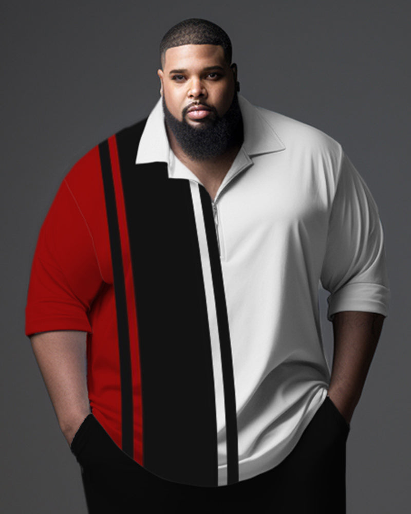 Men's Big & Tall Gentleman Striped Color Block Polo Zip Shirt and Pants Two Piece Set
