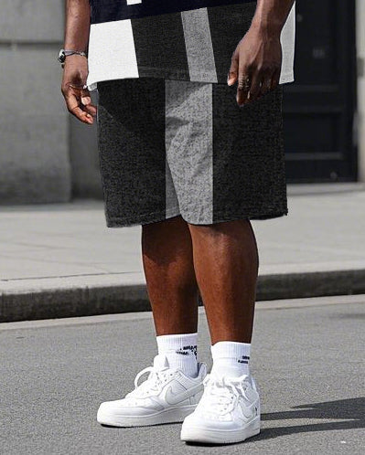 Big Men's Black & White Color Block Splicing Letter POLO Printed Short Sleeve T-shirt Shorts Set
