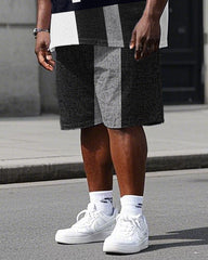 Big Men's Black & White Color Block Splicing Letter POLO Printed Short Sleeve T-shirt Shorts Set